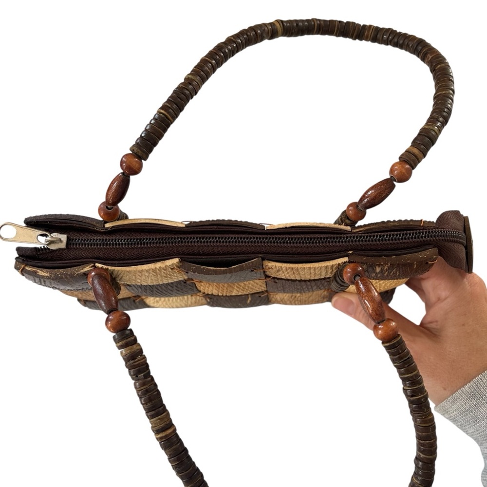 Vintage wooden checkered handbag brown natural beaded handles fully lined - Picture 7 of 11